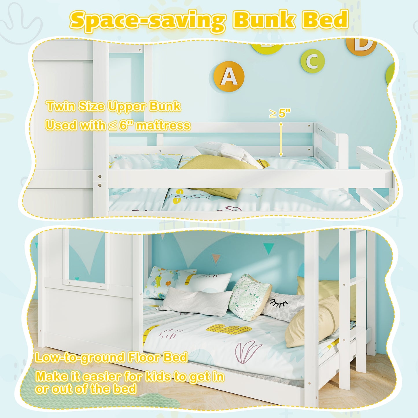 Lit superposé jumeau sur jumeau en bois, garde-corps de sécurité complet, échelle, blanc, gris