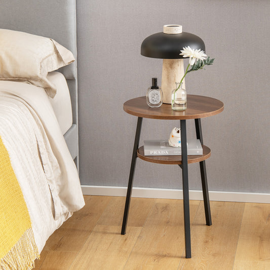 2-Tier Round End Table Set, Open Shelf, Triangular Metal Frame, Walnut End & Side Tables Walnut at Gallery Canada