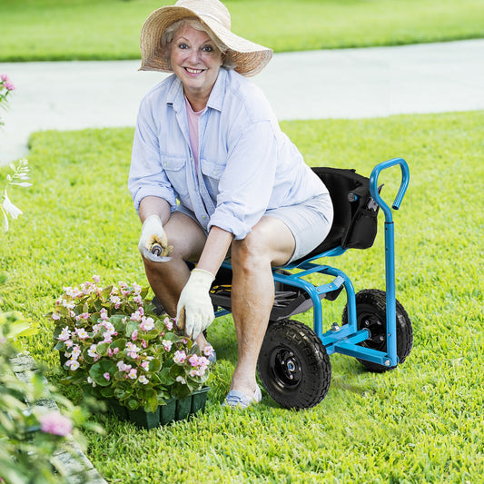 Cushioned Rolling Garden Cart Scooter With Storage Basket, Tool Pouch, Blue Garden Carts Blue at Gallery Canada