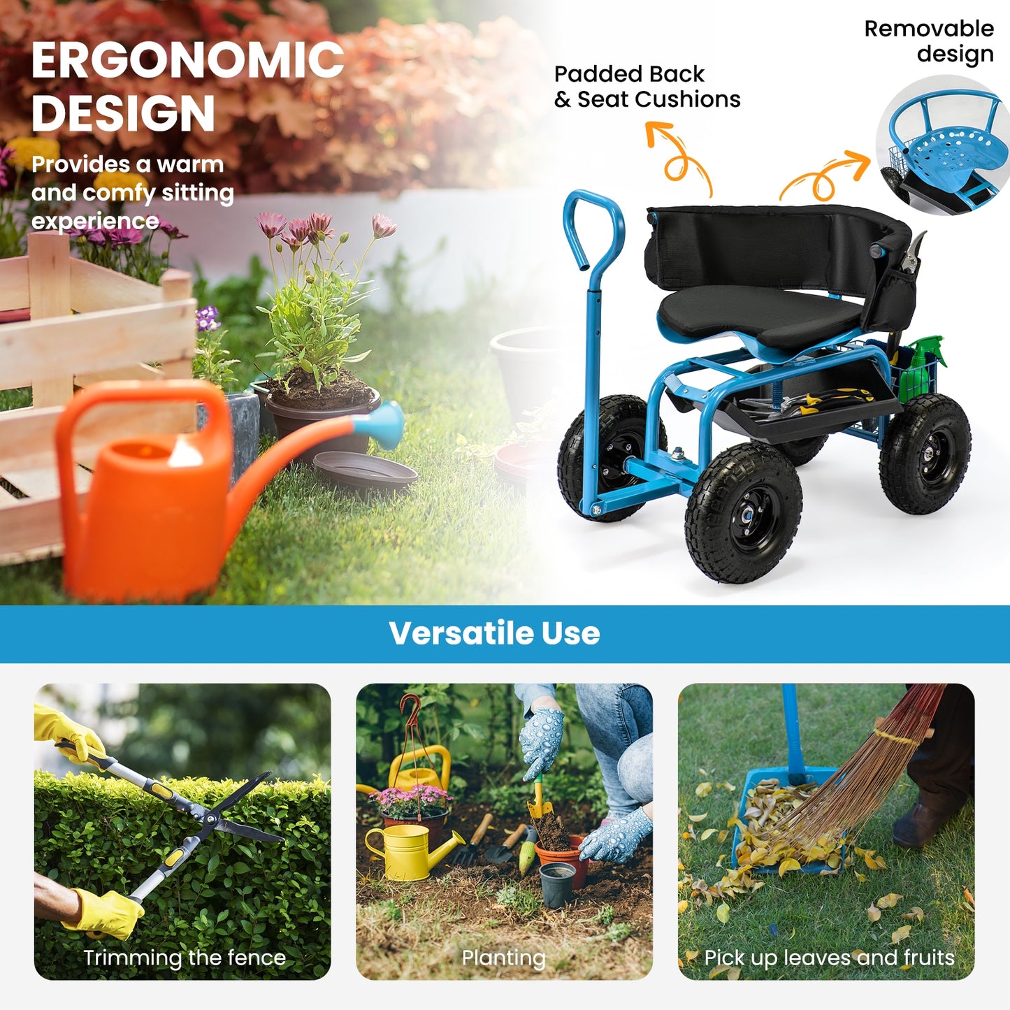 Cushioned Rolling Garden Cart Scooter with Storage Basket and Tool Pouch, Blue Garden Carts at Gallery Canada