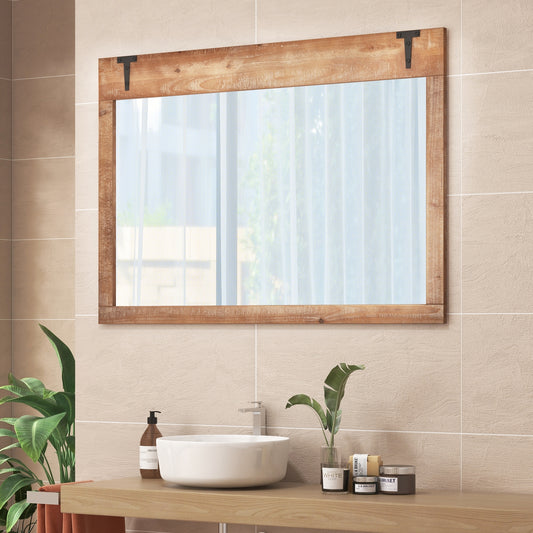 39 x 27.5 Inch Barn Door Wall Mirror, Wood Frame, Natural Wall Mirrors Natural at Gallery Canada