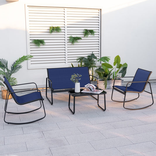 4 Piece Patio Rocking Set, Glass-Top Table, Navy Patio Conversation Sets Navy at Gallery Canada
