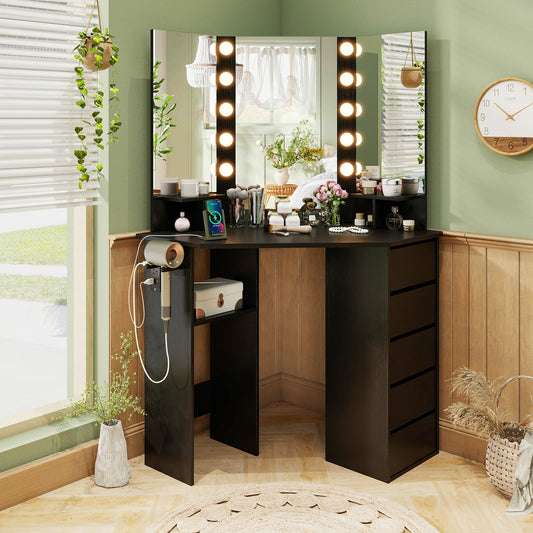 Corner Vanity Desk with 3-Color LED Lighted Mirror and Power Outlet, Black Makeup Vanities Black at Gallery Canada