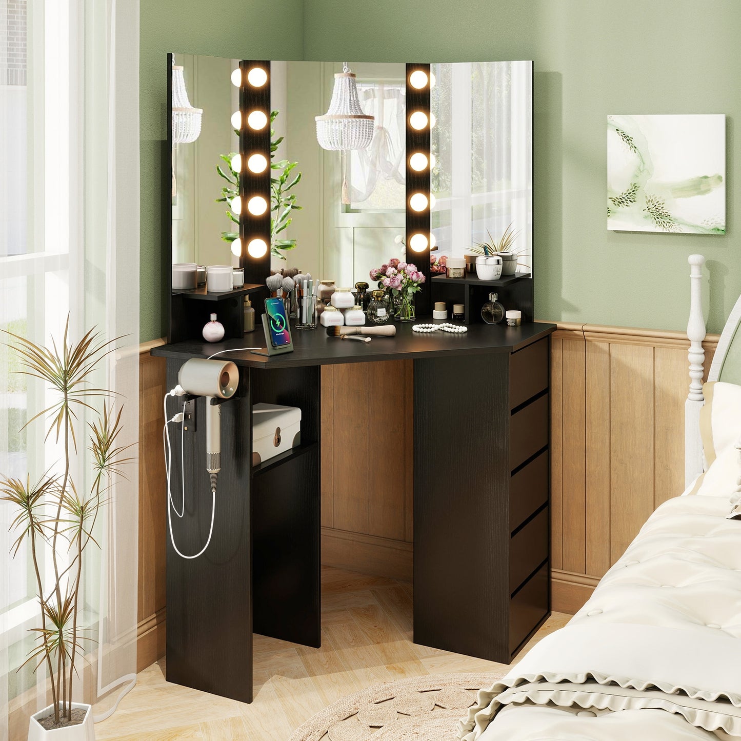 Corner Vanity Desk with 3-Color LED Lighted Mirror and Power Outlet, Black Makeup Vanities at Gallery Canada