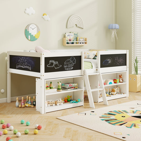 Twin Size Low Loft Bed with Chalkboard Ramp Ladder, Bookcases, White Toddler Beds White at Gallery Canada