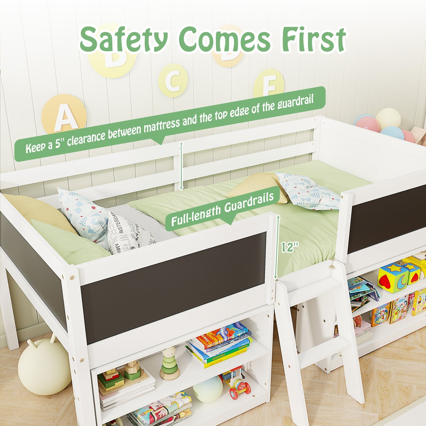 Twin Size Low Loft Bed with Chalkboard Ramp Ladder, Bookcases, White Toddler Beds at Gallery Canada