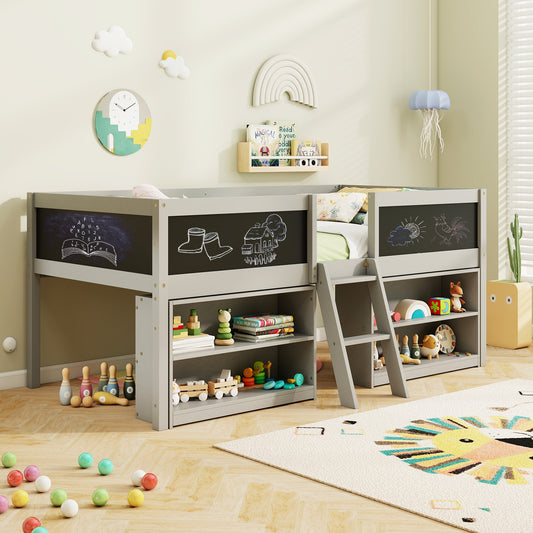 Twin Size Low Loft Bed With Chalkboard Ramp Ladder And Bookcases, Gray