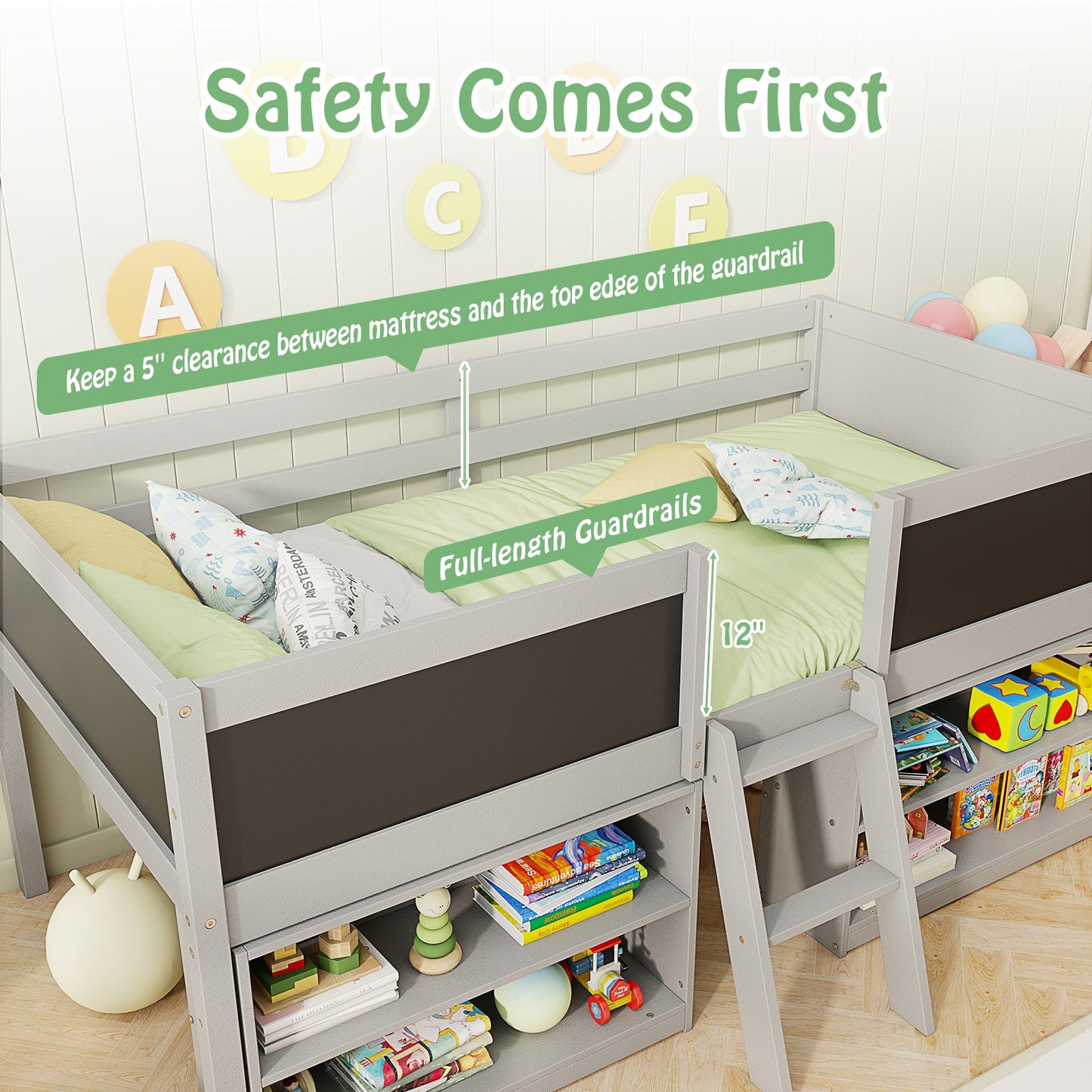 Kid Twin Size Low Loft Bed with Chalkboard Ramp Ladder and Bookcases, Gray Toddler Beds at Gallery Canada