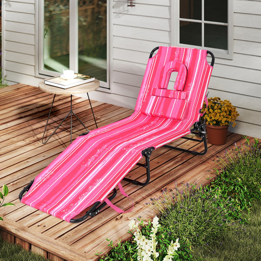 Beach Chaise Lounge Chair with Face Hole and Removable Pillow, White & Pink Outdoor Chaise Lounges White & Pink at Gallery Canada