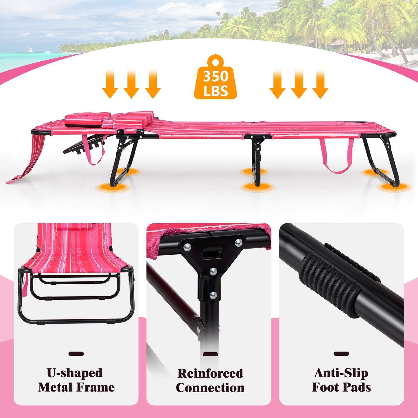 Beach Chaise Lounge Chair With Face Hole, Removable Pillow, Pink, White Outdoor Chaise Lounges at Gallery Canada