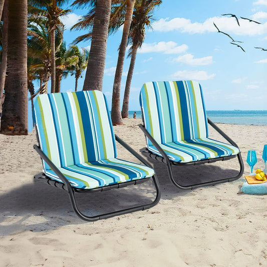 2 Pack Low Folding Beach Chairs for Adults with Cushion, Blue Beach & Lawn Chairs Blue at Gallery Canada