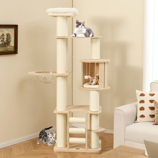 71 Inch Tall Cat Tree, Wooden Cat Tower, Cozy Perch Condo, Natural