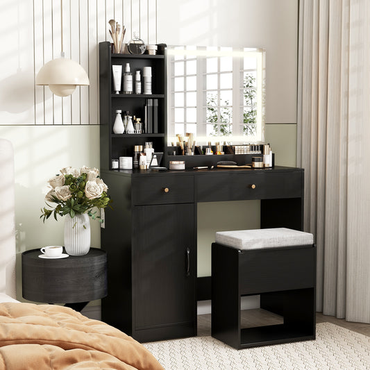 Vanity Dressing Table And Chair Set With Mirror, Lights, Black Makeup Vanities Black at Gallery Canada