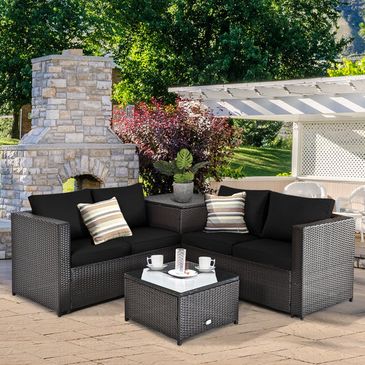 4 Piece Rattan Patio Furniture Set, Loveseat With Storage Box, Black