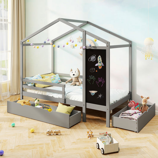 Twin Size Kids Bed With 2 Drawers, Solid Wood, Blackboard, Gray Toddler Beds Gray at Gallery Canada