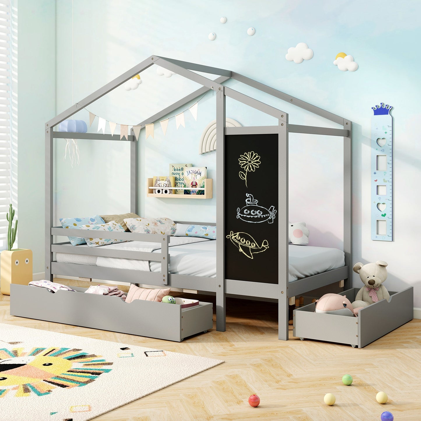 Twin Size Kids Bed With 2 Drawers, Solid Wood, Blackboard, Gray