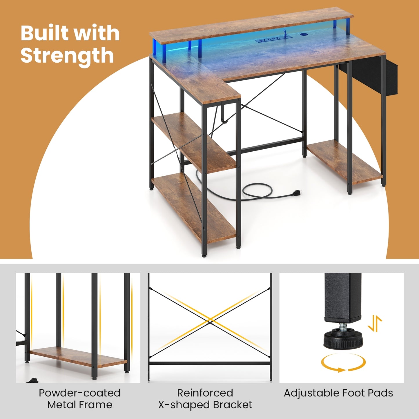 L-Shaped Gaming Desk with LED Lights and Power Outlets, Rustic Brown Computer Desks at Gallery Canada
