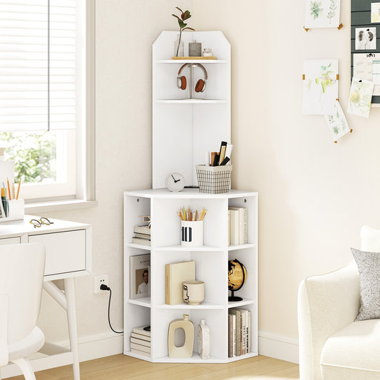 6-Tier Corner Shelf With Charging Station, 2 USB Ports, White Corner Desks White at Gallery Canada