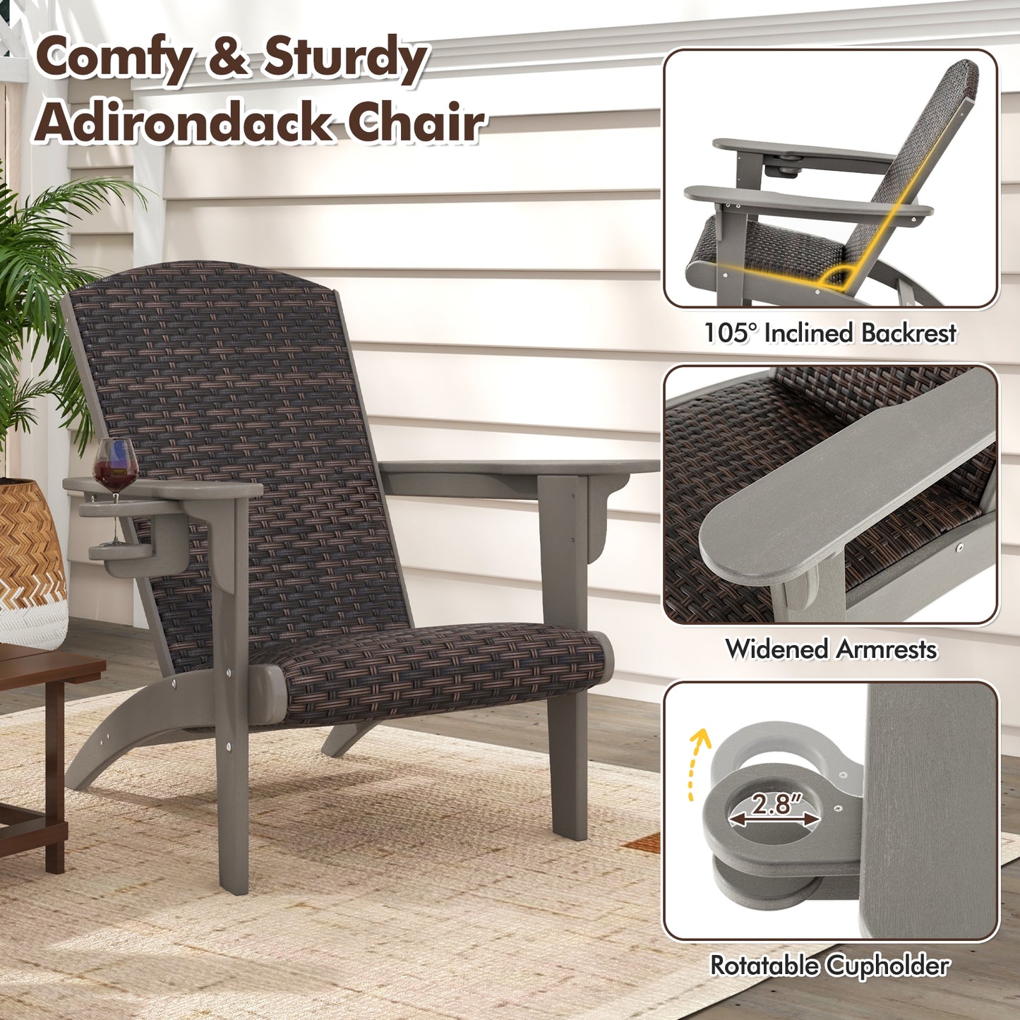 Patio Adirondack Chair, Rattan Padded Seat, Hidden Cupholder, Gray Adirondack Chairs at Gallery Canada
