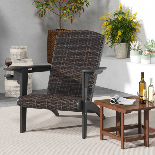 Patio Adirondack Chair, Rattan Padded Seat, Hidden Cupholder, Black