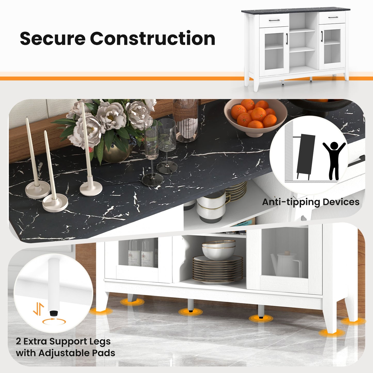 Sideboard Buffet Cabinet, 2 Drawers, 4 Adjustable Shelves, White Sideboards Cabinets & Buffets at Gallery Canada