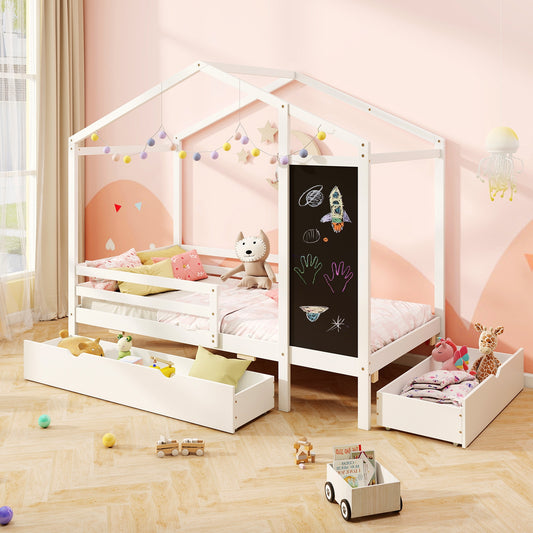 Twin Size Kids Bed With 2 Drawers, Solid Wood, Blackboard, White Toddler Beds White at Gallery Canada