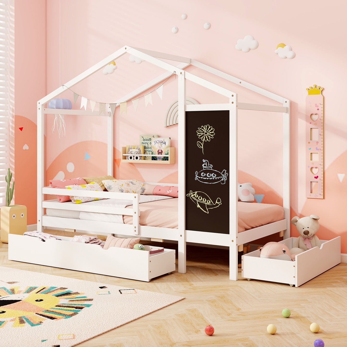 Twin Size Kids Bed With 2 Drawers, Solid Wood, Blackboard, White