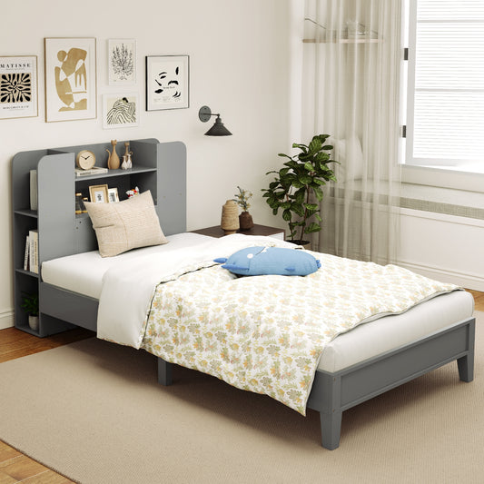 Twin Size Wooden Platform Bed Frame with Bookcase Headboard, Gray Toddler Beds Gray at Gallery Canada