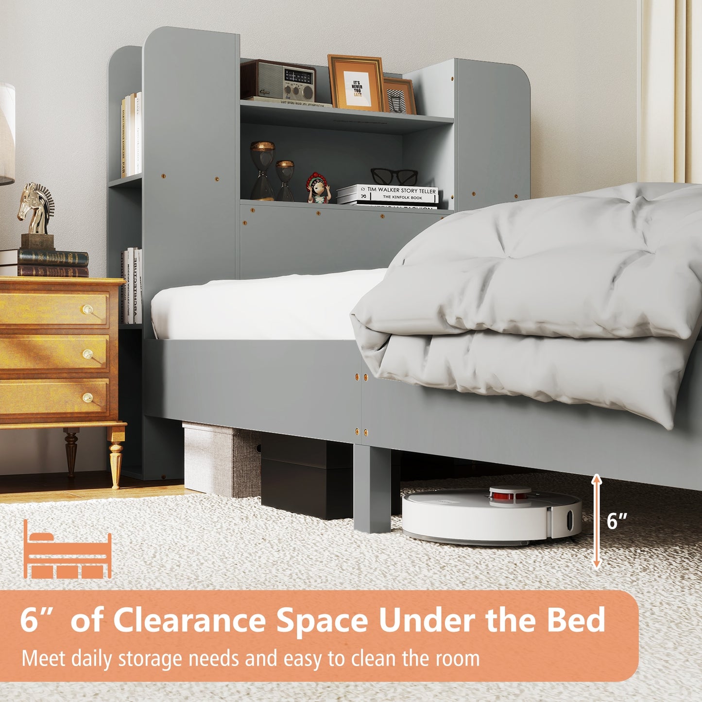Twin Size Wooden Platform Bed Frame, Bookcase Headboard, Gray Toddler Beds at Gallery Canada
