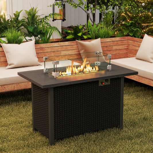 50000 BTU 2 Inch ropane Gas Fire Pit Table with Wind Guard and Glass Rocks, Black