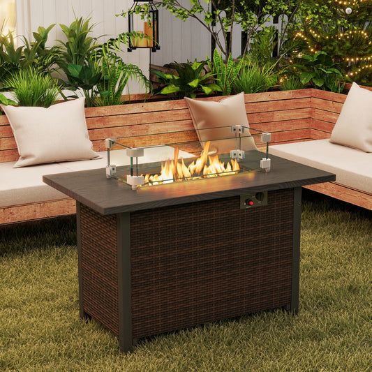 50000 BTU 2 Inch ropane Gas Fire Pit Table with Wind Guard and Glass Rocks, Brown