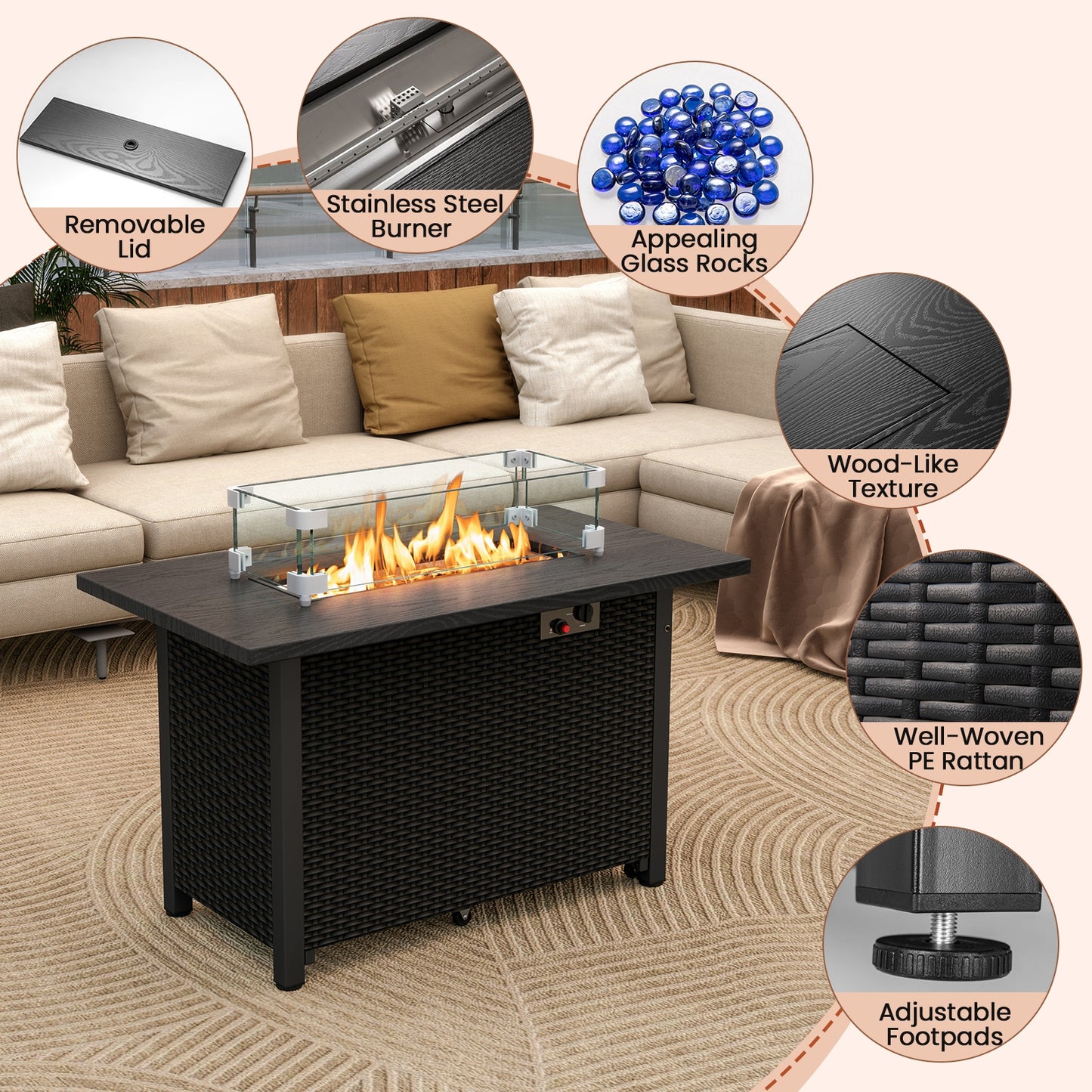 50000 BTU 2 Inch Propane Fire Pit Table, With Wind Guard And Glass Rocks, Black