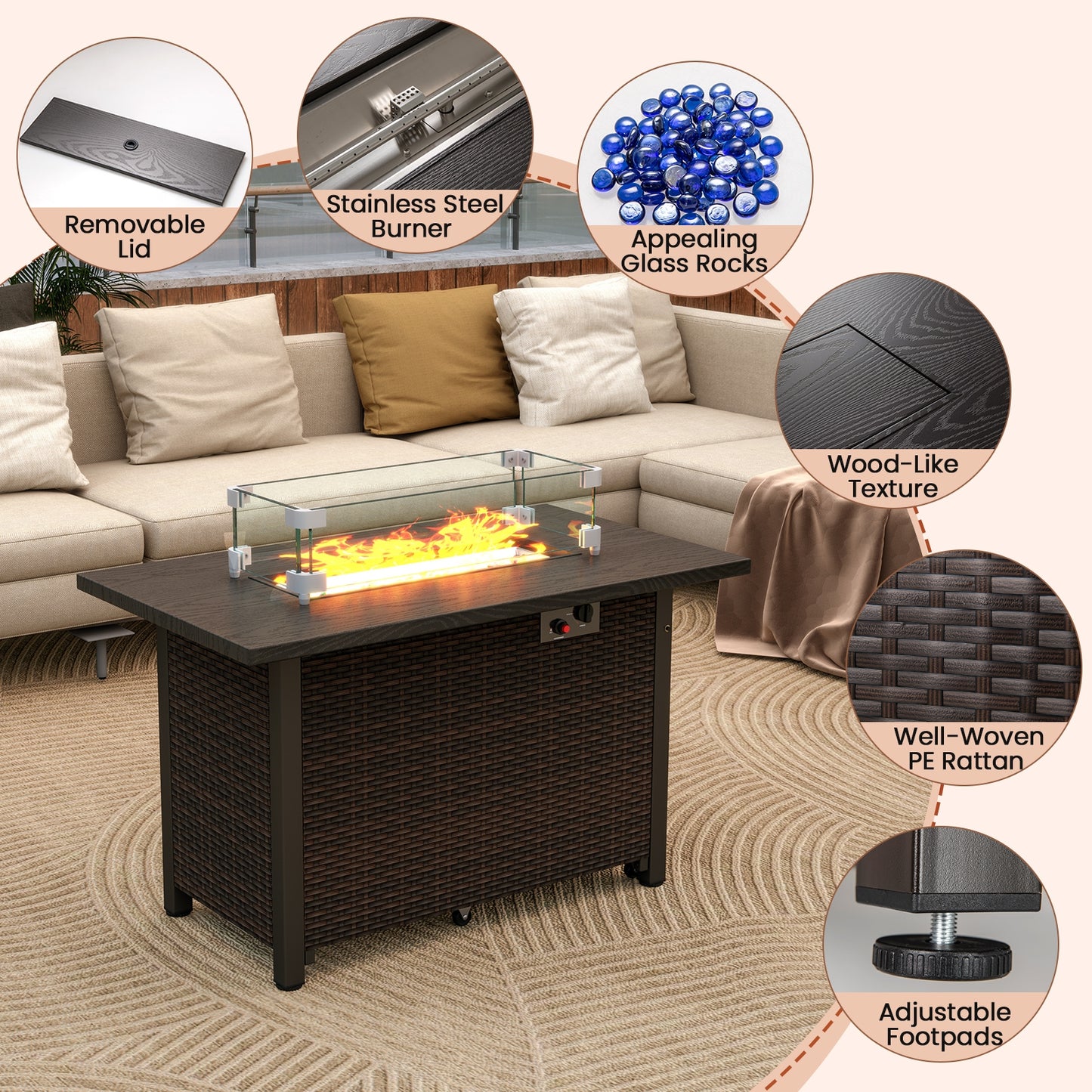 50000 BTU 2 Inch Propane Gas Fire Pit Table, Brown