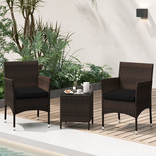 3 Pieces Outdoor Conversation Set with Cushioned Seat and Glass Tabletop, Black Patio Conversation Sets Black at Gallery Canada