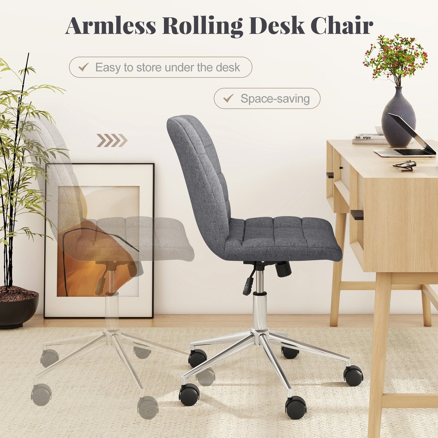 Armless Office Chair, Adjustable Height, Wheels, Grey