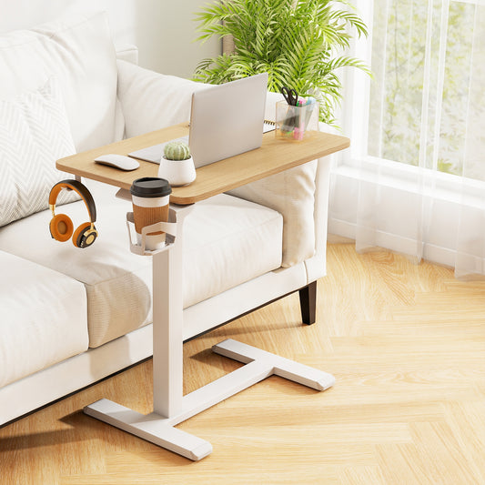 Mobile Standing Desk, Height Adjustable Overbed Table With Cup Holder, Natural End & Side Tables Natural at Gallery Canada