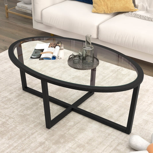 Glass Oval Coffee Table, Cross Base, Acacia Wood Legs, Black Coffee Tables Black at Gallery Canada