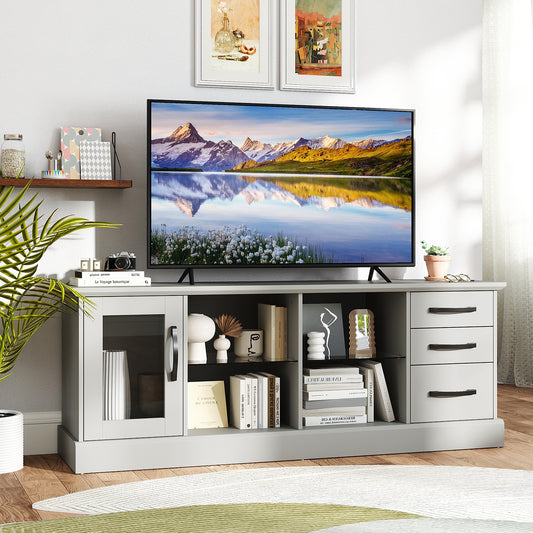 63 Inch Media Console Table, 3 Drawers, 2 Glass Shelves, Gray Entertainment Centers & TV Stands Gray at Gallery Canada