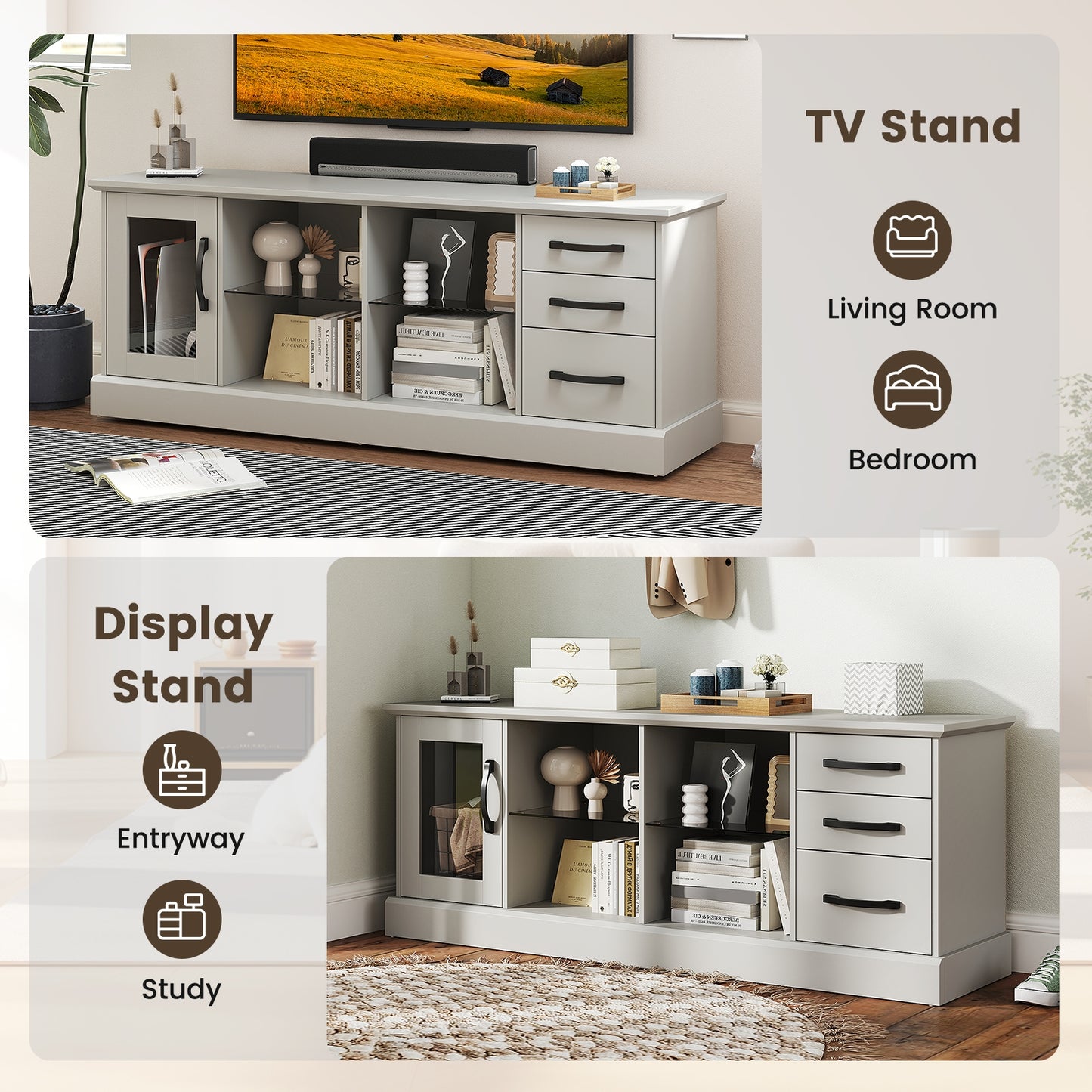 63 Inch Media Console Table, 3 Drawers, 2 Glass Shelves, Gray Entertainment Centers & TV Stands at Gallery Canada