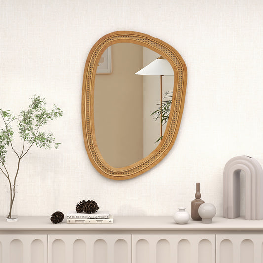 33 Inches x 23.5 Inches Irregular PVC Rattan Wall Mirror, Wooden Frame, Natural