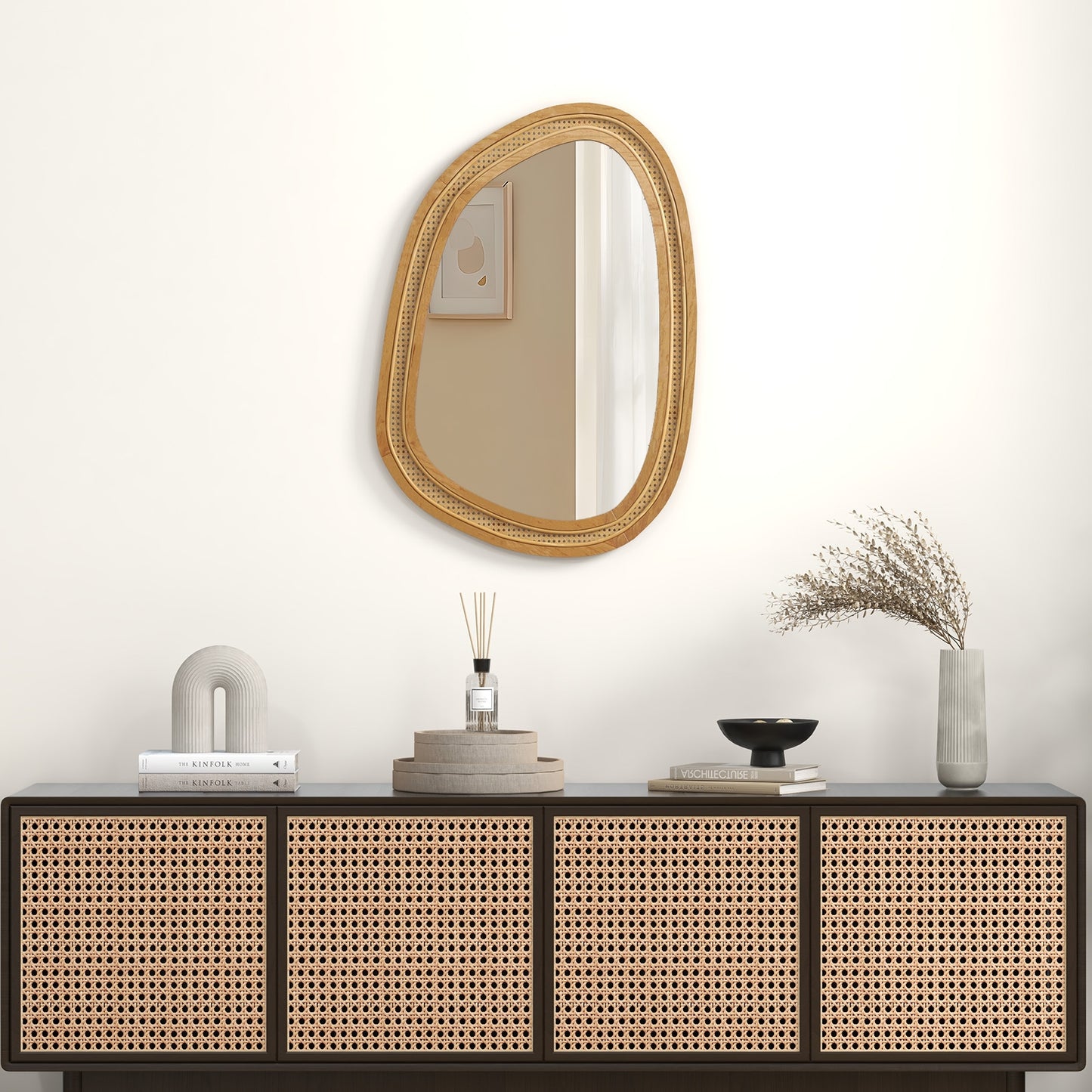 Miroir mural en PVC rotin irrégulier de 33 pouces x 23,5 pouces, cadre en bois, naturel