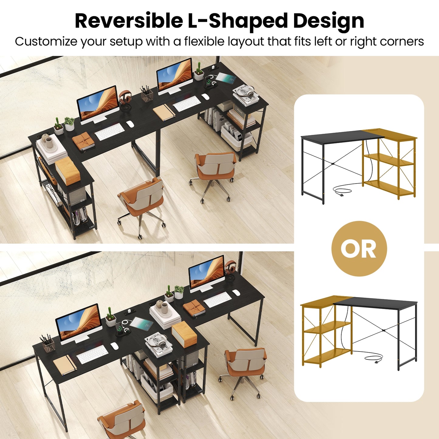 L-Shaped 47 Inch Reversible Corner Desk, Adjustable Shelves, Black L-Shaped Desks at Gallery Canada