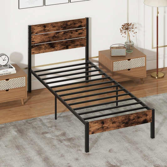 Twin Size Bed Frame With High Headboard, Mute Bar, Rustic Brown Simple Bed Frame Rustic Brown at Gallery Canada