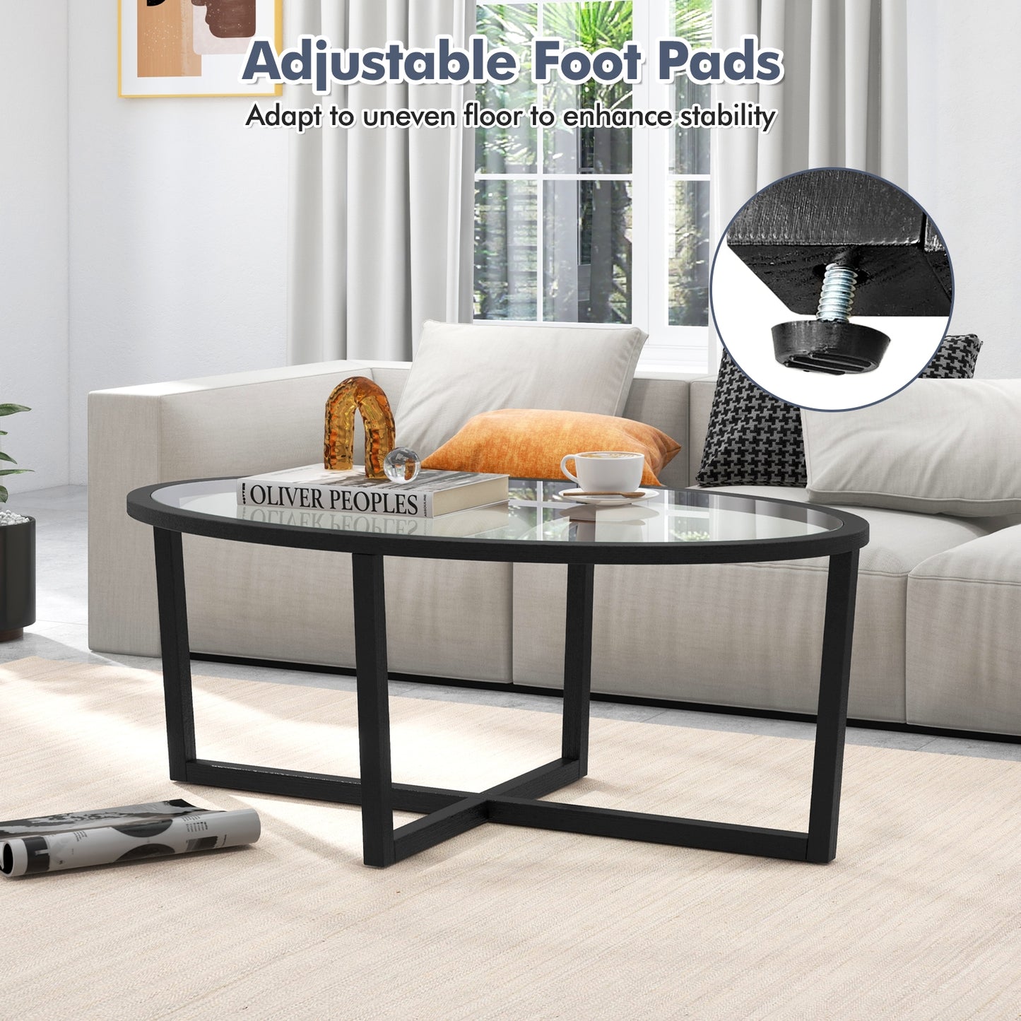 Glass Oval Coffee Table, Cross Base, Acacia Wood Legs, Black Coffee Tables at Gallery Canada