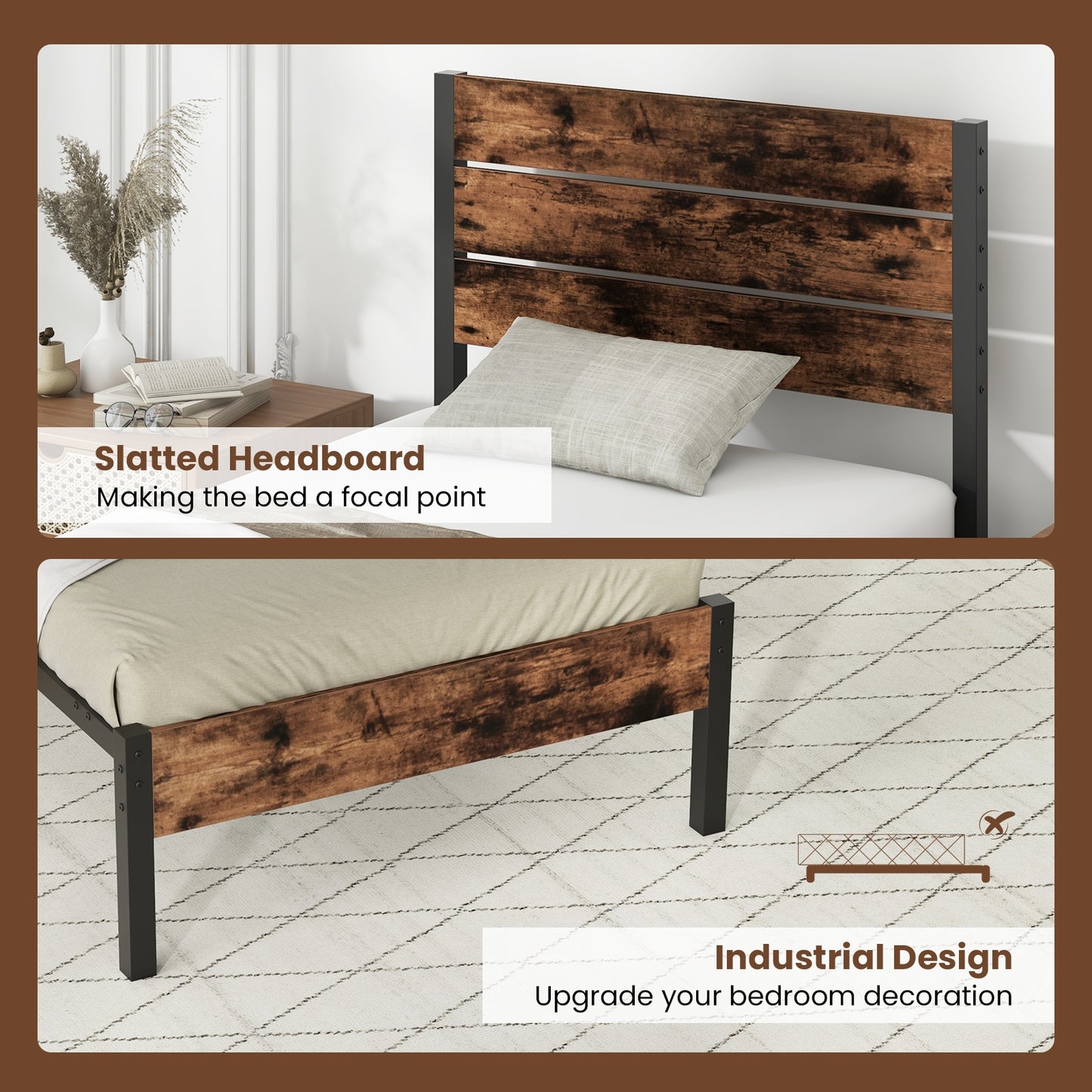 Twin Size Bed Frame With High Headboard, Mute Bar, Rustic Brown Simple Bed Frame at Gallery Canada