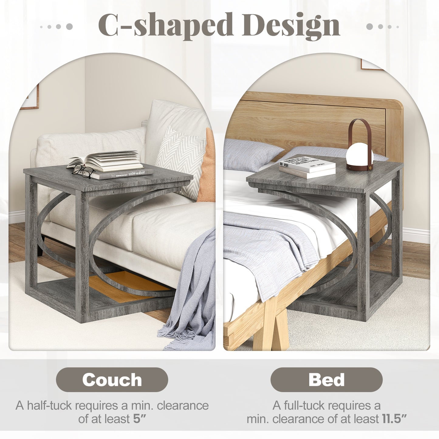 C-shaped 24 Inch 2 Tier Square End Table Sofa Side Table-Grey, Gray End & Side Tables at Gallery Canada