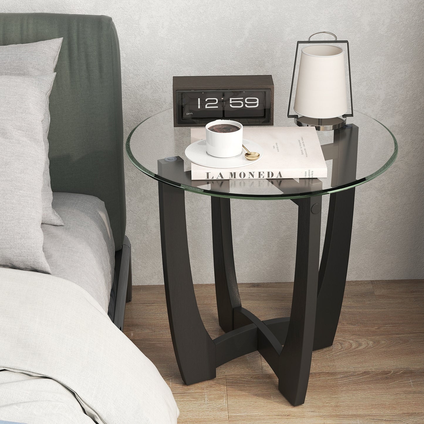 23.5 Inch Round End Side Table with Tempered Glass Tabletop, Black End & Side Tables at Gallery Canada