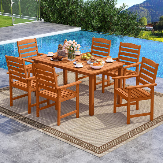 7 Pcs Outdoor Dining Set, Teak Oil Finish, Slatted Rectangular Table, 6 Armchairs, Natural Patio Conversation Sets Natural at Gallery Canada