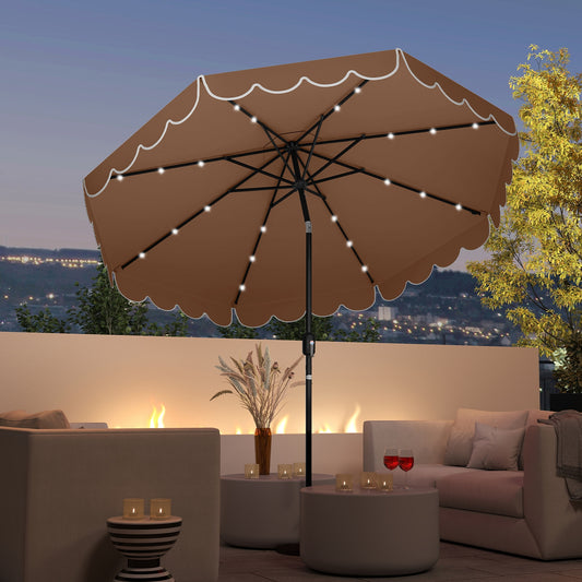 9.3 Feet Solar Patio Umbrella with 24 LED Lights Vented Top and Ruffles, Coffee Outdoor Umbrellas Coffee at Gallery Canada