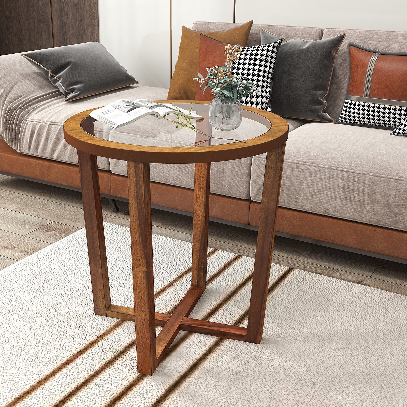 Modern Round End Table Sofa Side Table with Transparent Tempered Glass Top, Brown End & Side Tables at Gallery Canada
